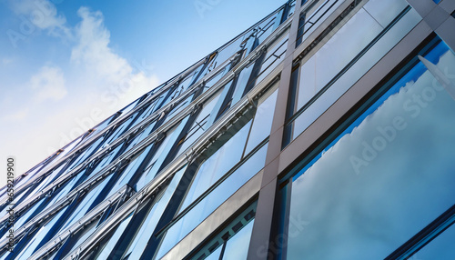 Modern office building with blue sky  and glass facades. Economy  finances  business activity concept  Bottom-up view  blurred image