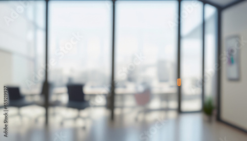 Beautiful blurred background of a light modern office interior with panoramic windows and beautiful lighting.