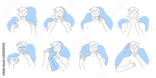 Skin care for men set vector illustration. Cartoon isolated line icons of facial skincare beauty routine, male characters shave beard with shaving gel or mousse, use aftershave lotion, spa mask