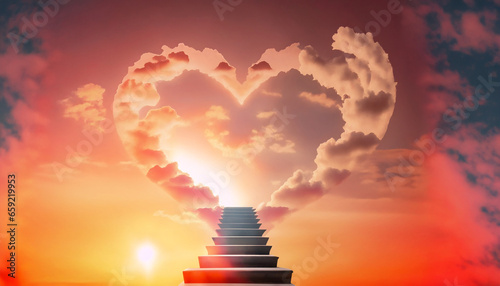 Stairway to Heaven.Stairs in sky. Concept with sun and clouds. Religion background. Red heart shaped sky at sunset. Love background with copy space.