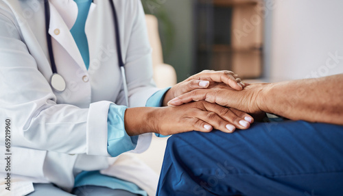 Empathy  trust and nurse holding hands with patient for help  consulting support and healthcare advice. Kindness  counseling and medical therapy in nursing home for hope  consultation and psychology