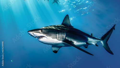 great white shark swimming in the deep blue ocean © Irene