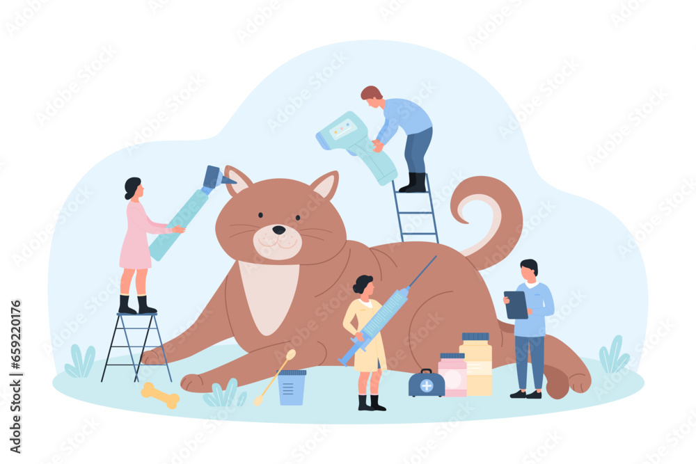 Veterinary services for pet vector illustration. Cartoon tiny veterinarians care for giant cat, doctors examine happy cute kitten health, cleaning ears and healing with vaccine in vet hospital