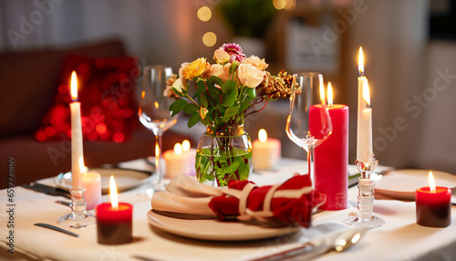 holidays, dinner party and celebration concept - close up of festive table serving with flowers in vase and candles burning at home on valentine's day