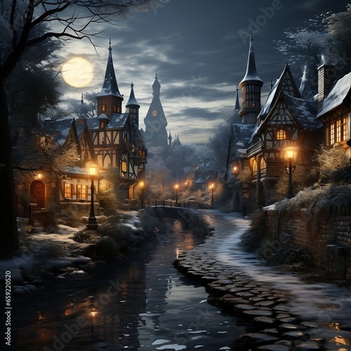 Christmas village, photorealistic painting, tonalist