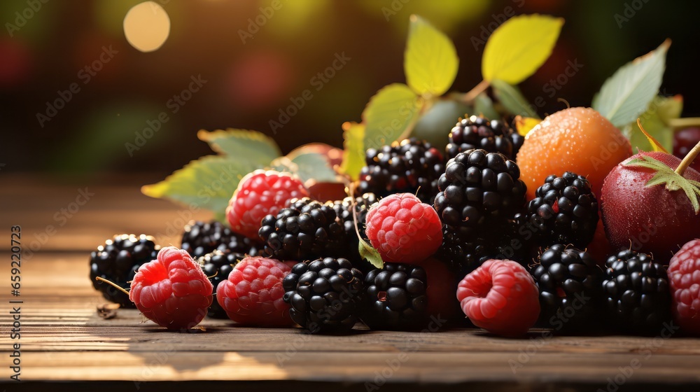 Fresh blackberry and raspberry on the wooden table top Fresh blackberry and raspberry on the wooden table top