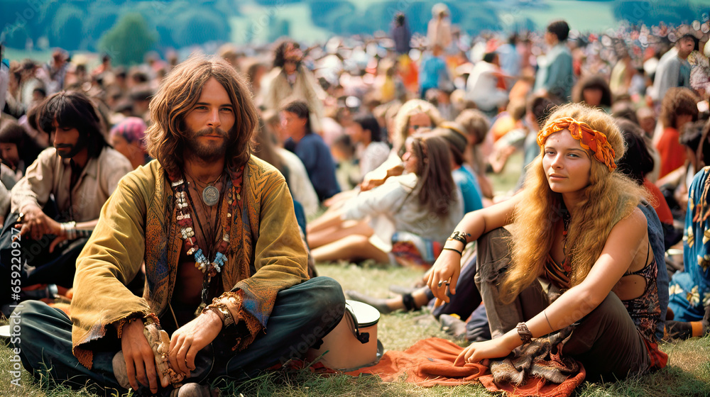 Fototapeta premium Two young hippies at a concert in the 1960s