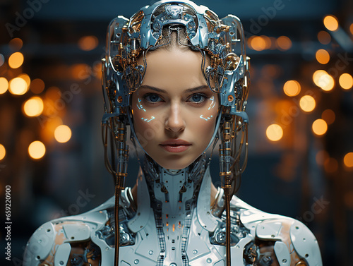 Robot girl in futuristic armor against a photocell backdrop