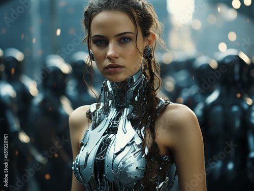 Robot girl in futuristic armor against a photocell backdrop