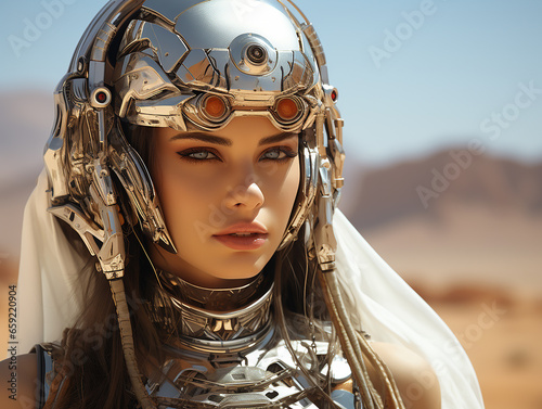 Robot girl in futuristic armor against a desert background