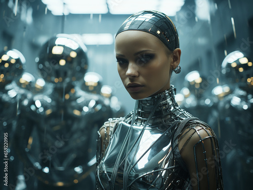 Robot girl in an illusion suit against a rotating mirror ball
