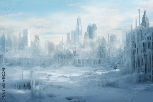 Frozen city winter. Frozen weather city. Generate Ai © juliars