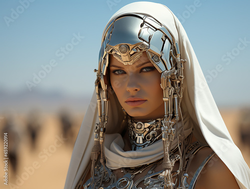 Robot girl in futuristic armor against a desert background