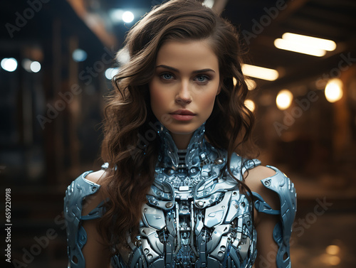 Robot girl in futuristic armor against a photocell backdrop