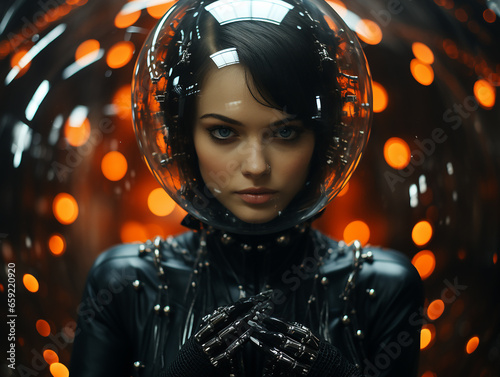 Robot girl in an illusion suit against a rotating mirror ball