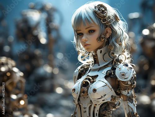 Robot girl in an illusion suit against a dream world