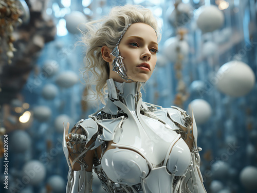 Robot girl in an illusion suit against a dream world