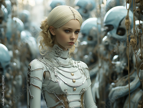 Robot girl in an illusion suit against a dream world