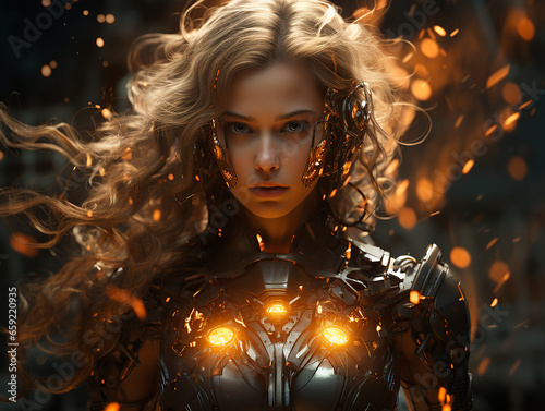 Robot girl in an energy suit against an explosion