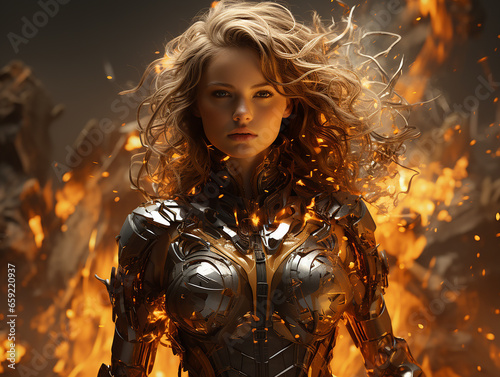 Robot girl in an energy suit against an explosion