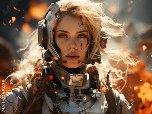 Robot girl in an energy suit against an explosion
