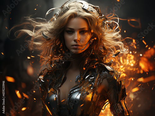 Robot girl in an energy suit against an explosion