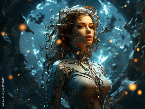 Robot girl in a quantum suit against a portal to another dimension