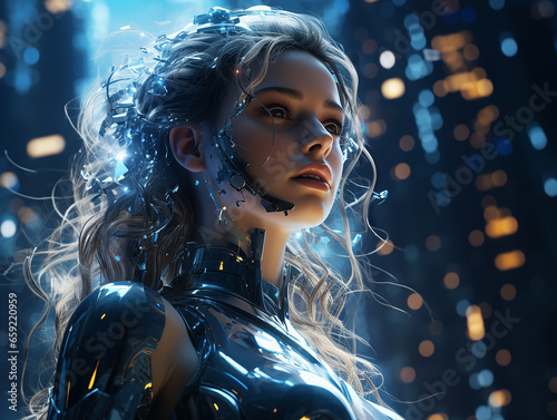 Robot girl in a quantum suit against a hologram of an alien city