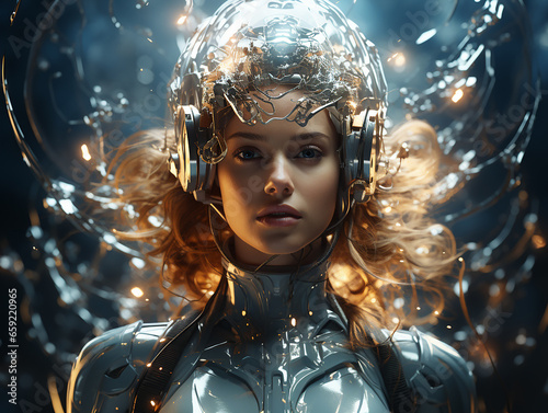Robot girl in a quantum suit against a portal to another dimension