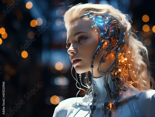 Robot girl in a quantum suit against a hologram of an alien city