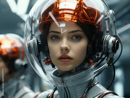 Robot girl in a quantum suit against a chrome dome