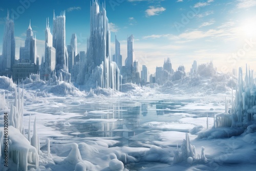 Picturesque Frozen city winter. Frozen weather city. Generate Ai