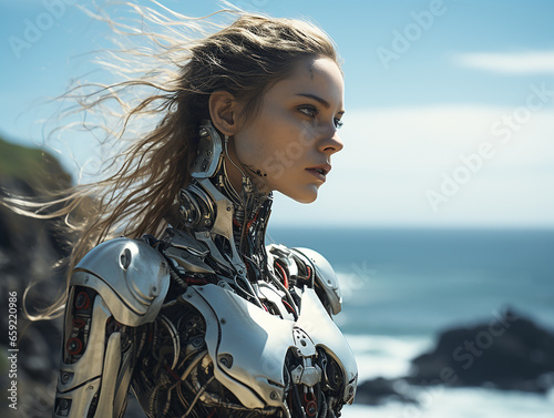Robot girl in a nanosuit against an ocean