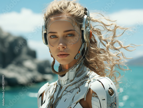 Robot girl in a nanosuit against an ocean
