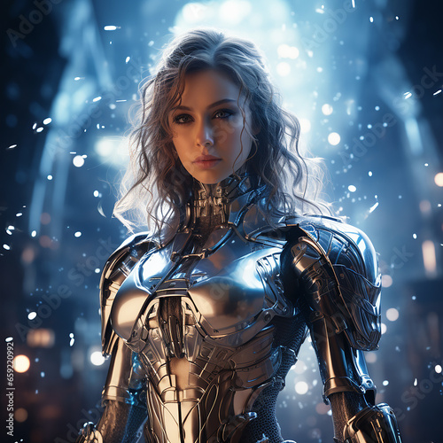 Robot girl in a nanosuit against a laser show