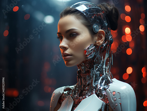 Robot girl in a cyborg costume against a LED wall