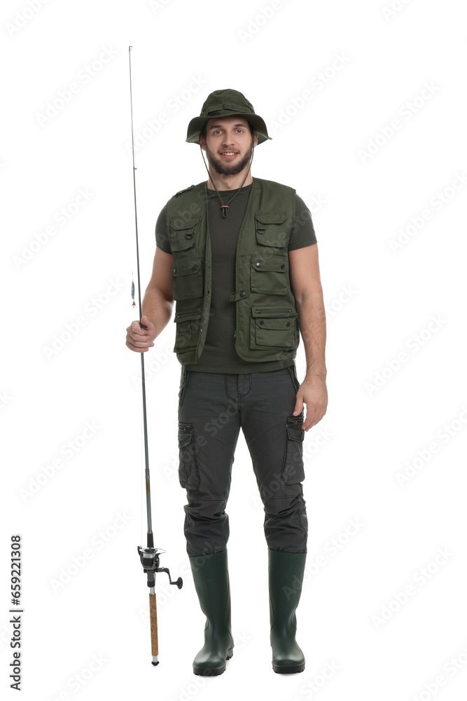Fisherman with fishing rod isolated on white Fisherman with fishing rod isolated on white