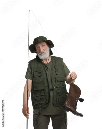 Fisherman with rod and old boot isolated on white