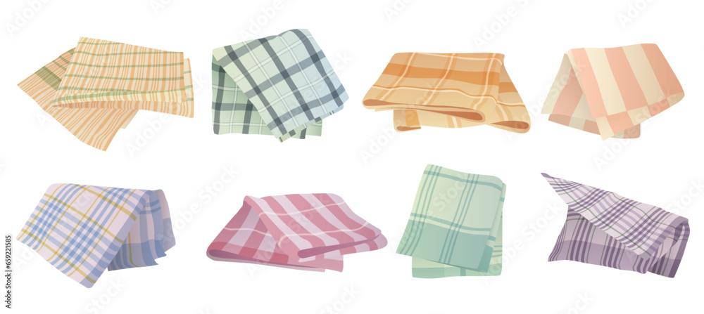 Kitchen napkins and towels set vector illustration. Cartoon isolated picnic tablecloth and blanket for bed or table, checkered linen handkerchief and folded soft cotton cloth with gingham pattern - obrazy, fototapety, plakaty 