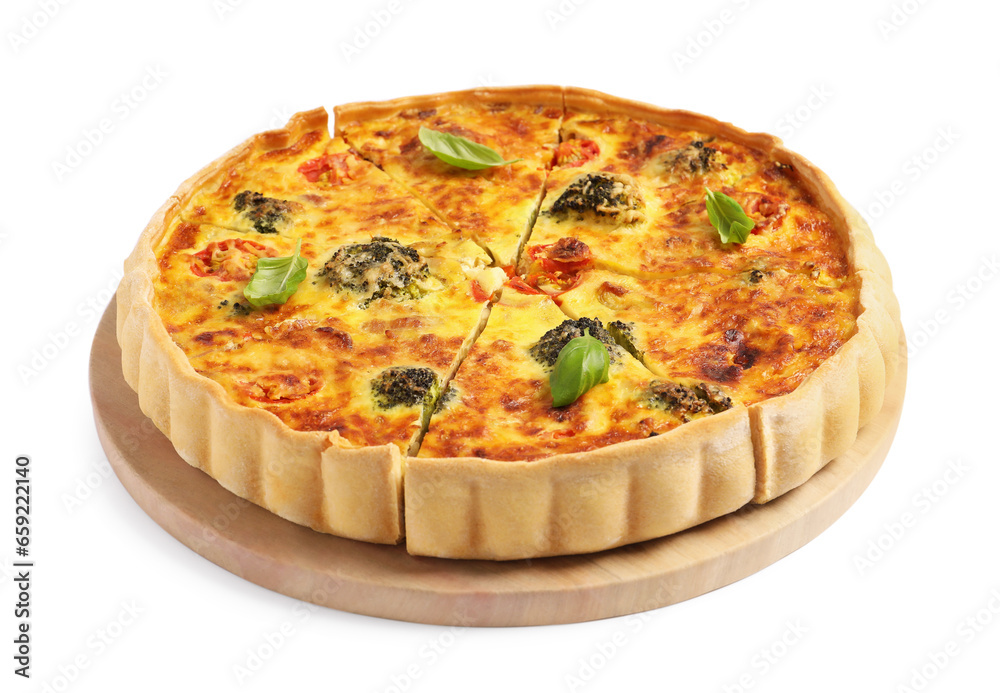 Delicious homemade vegetable quiche isolated on white Delicious homemade vegetable quiche isolated on white
