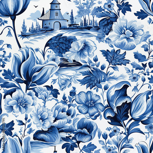 Seamless pattern in Dutch delft blue and white traditional handpainted with house and flowers.