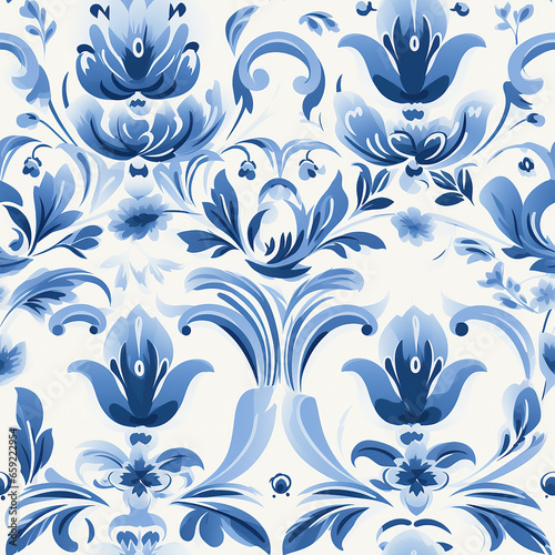 Seamless pattern in Dutch delft blue and white traditional handpainted flowers.
