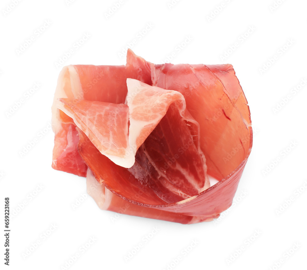 Slices of delicious jamon isolated on white Slices of delicious jamon isolated on white