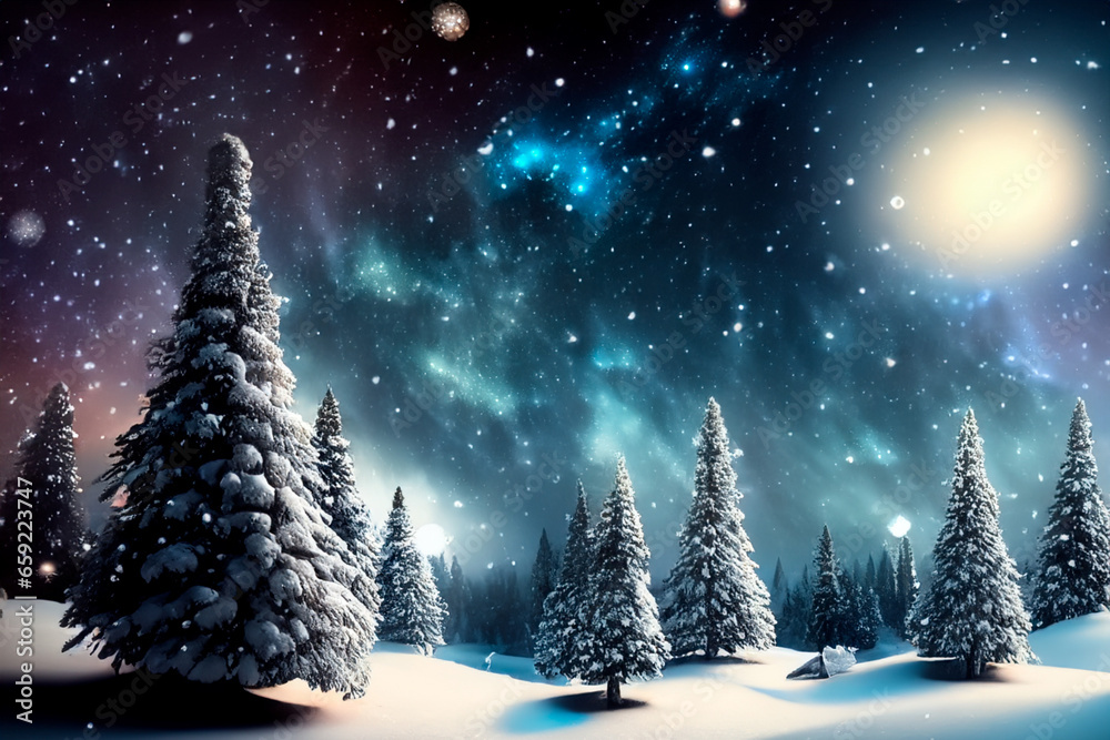 Moonlighting the snowy trees on Christmas night