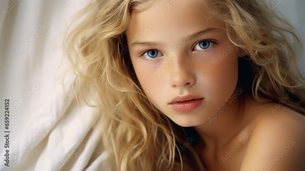 Closeup portrait of a clean faced teenage blond model promoting a healthy lifestyle, skin care and hair products. Closeup portrait of a clean faced teenage blond model promoting a healthy lifestyle, skin care and hair products.