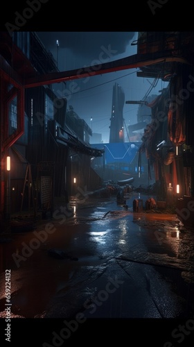 A cyberpunk city alley with glowing neon lights. Generative AI.  © Elle Arden 