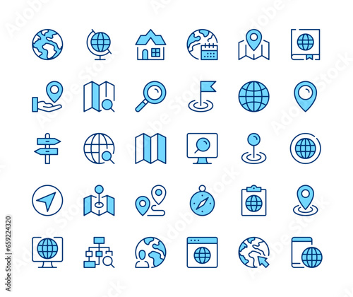 Navigation icons set. Vector line icons. Blue color outline stroke symbols. Modern concepts
