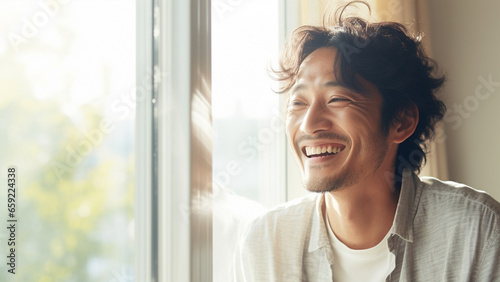 明るい窓辺で微笑む30代の日本人男性のポートレート photo