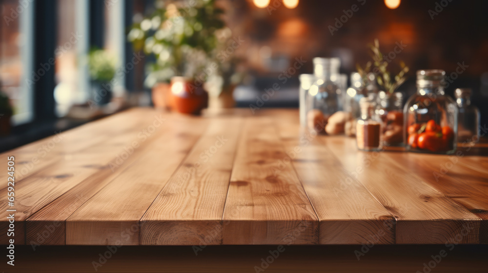 Empty beautiful wood table top and blur modern kitchen interior background. Empty beautiful wood table top and blur modern kitchen interior background.