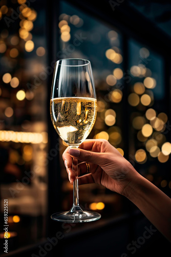 Close up of female hand raising glass of champagne, bokeh background. New Year's Eve, party concept. Generative AI.